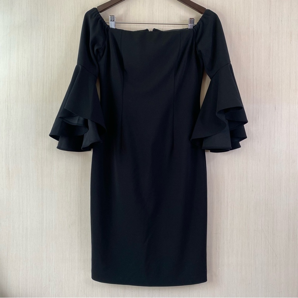 Vince Camuto Women’s Off-The-Shoulder Black Ruffle Sleeve Sheath Dress Size 6
